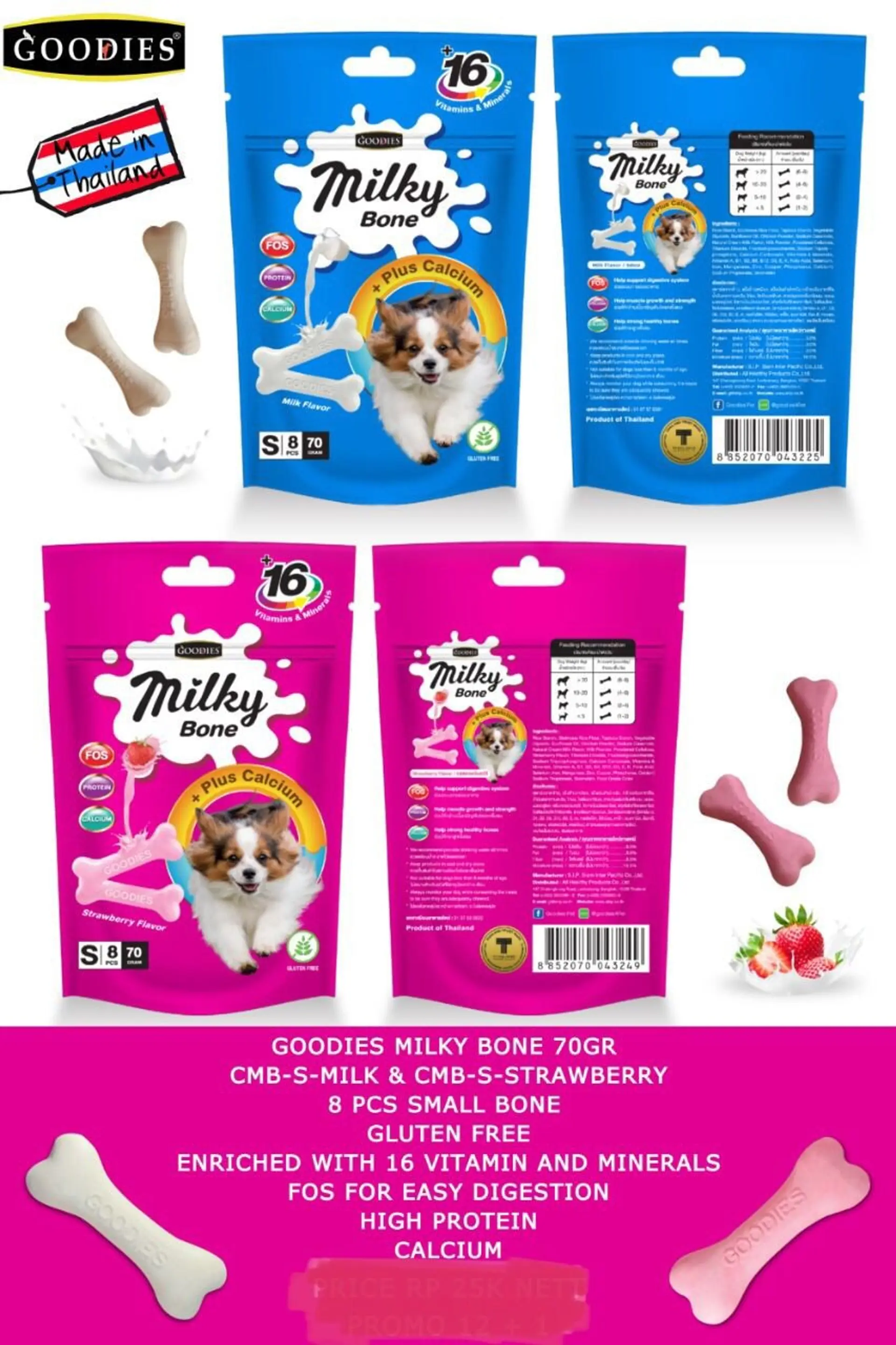 Goodies Dog Treats Milky Bone Calcium Plus Strawberry Small 25 Pcs